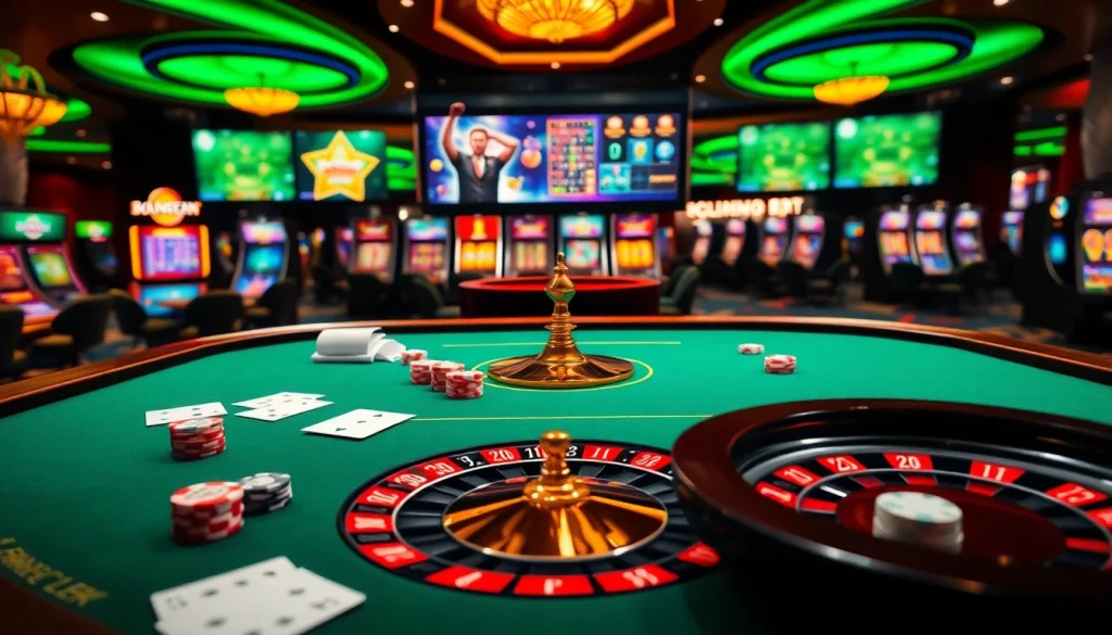 Exciting casino scene showcasing poker and roulette at https://mm88.directory/ inviting gamblers to play.