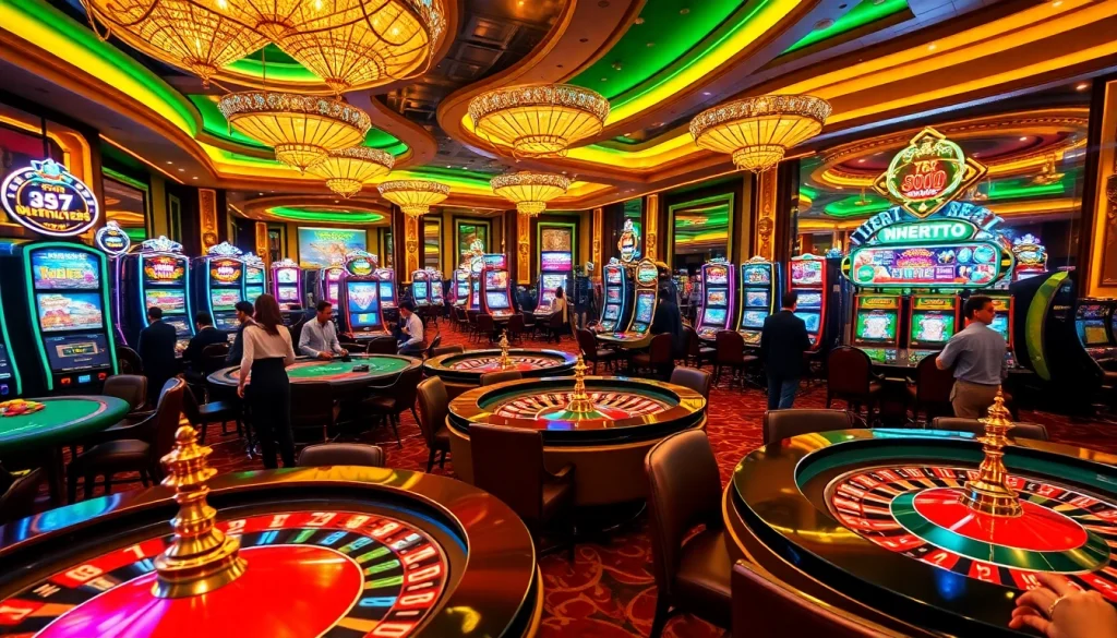 A dynamic casino scene showcasing casino tables and slot machines in action at king.88