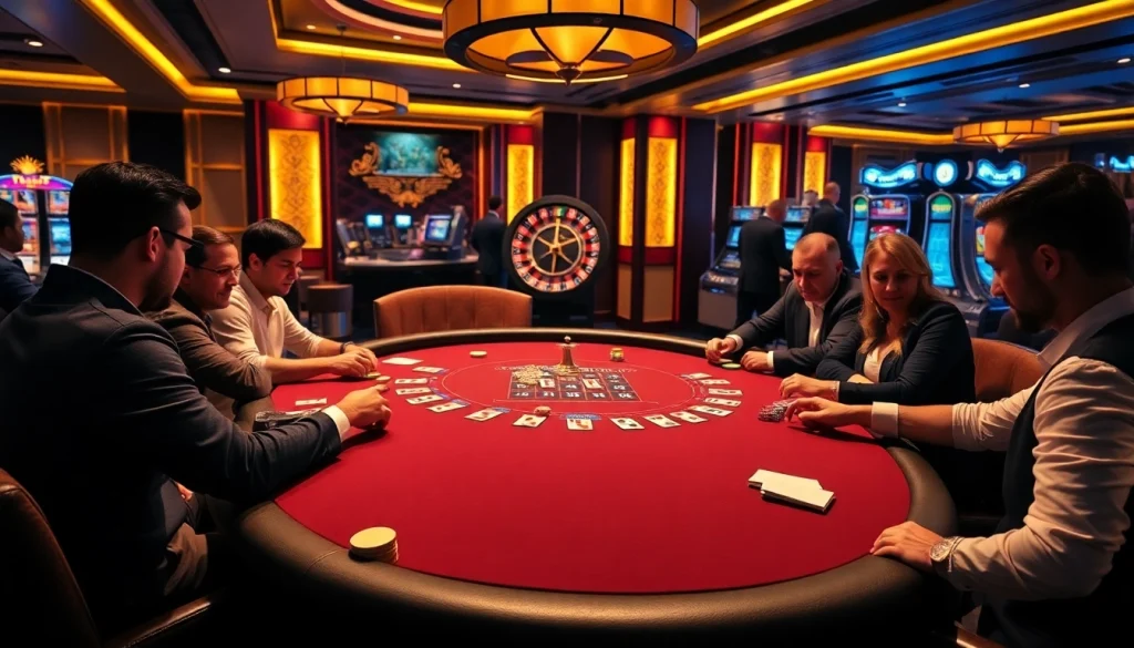 Engaged players at the MB66 poker table with colorful chips and cards in a luxurious casino setting.