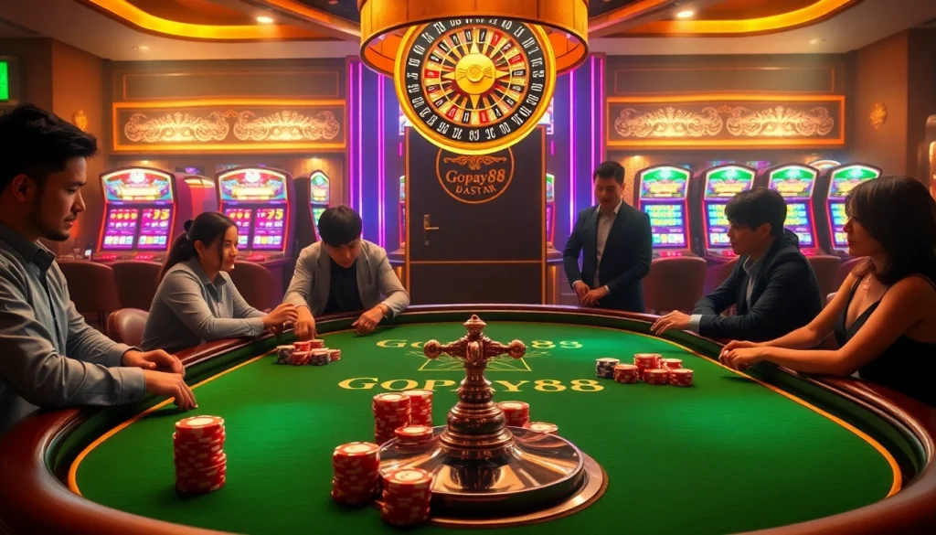 Experience the thrill of Gopay88 Daftar with an engaging casino scene featuring poker tables and vibrant slot machines.