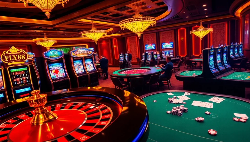 Win big at FLY88 in a luxurious casino scene featuring roulette tables and slot machines.