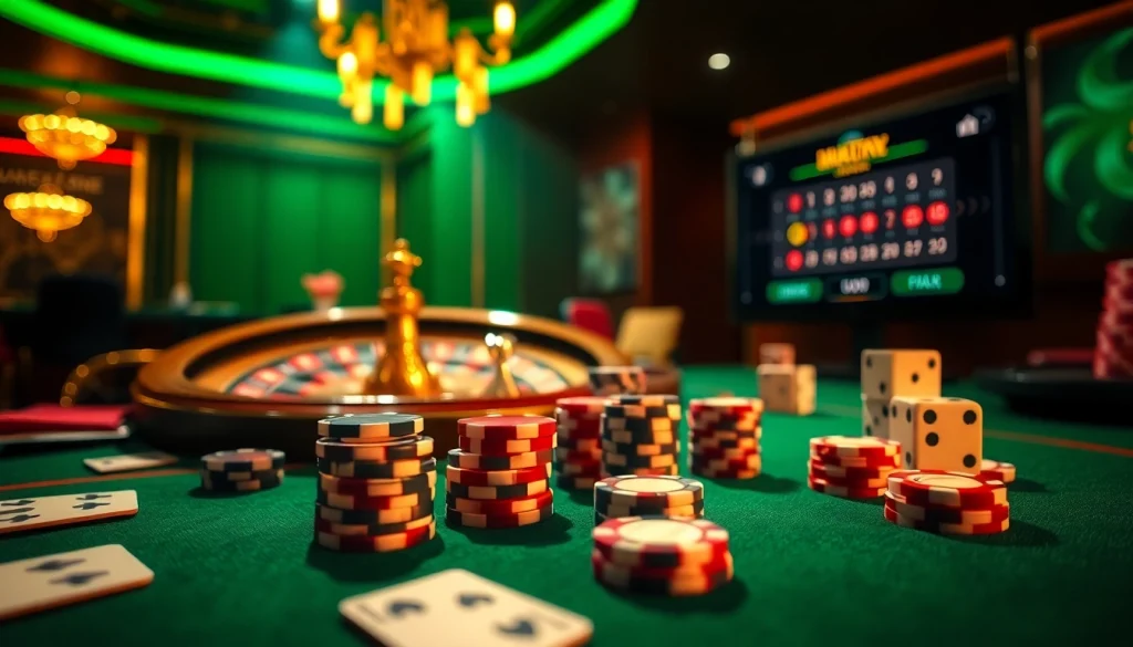 התחושו את ההתרגשות של רמי אונליין בסצנת קזינו תוססת עם קלפים, שבבים ומשחק חי.