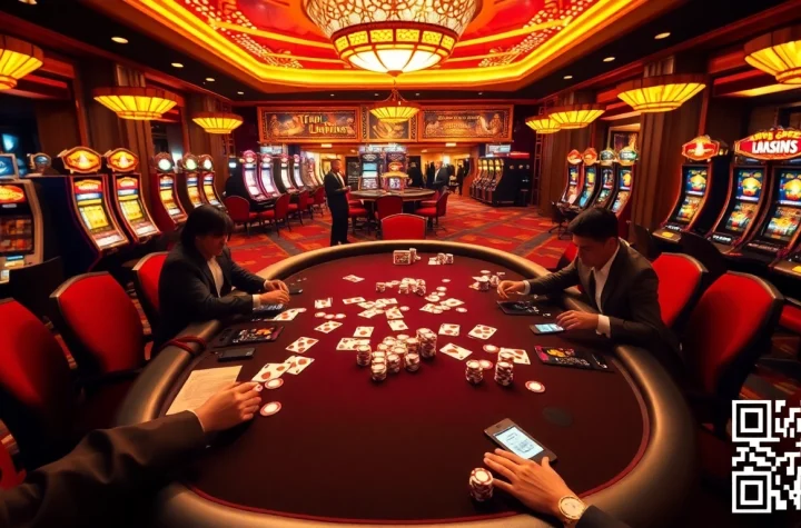 Engage in thrilling gameplay at a professional poker table, highlighting home jl55 with vibrant casino elements.