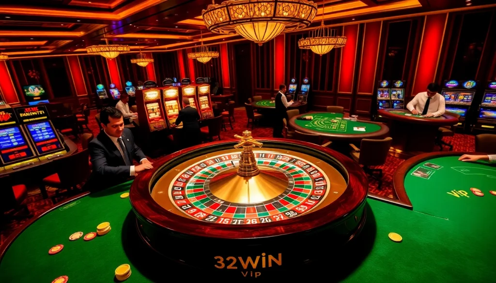 Gambling enthusiasts enjoying the luxurious atmosphere of 32WIN Vip casino with roulette and blackjack tables.