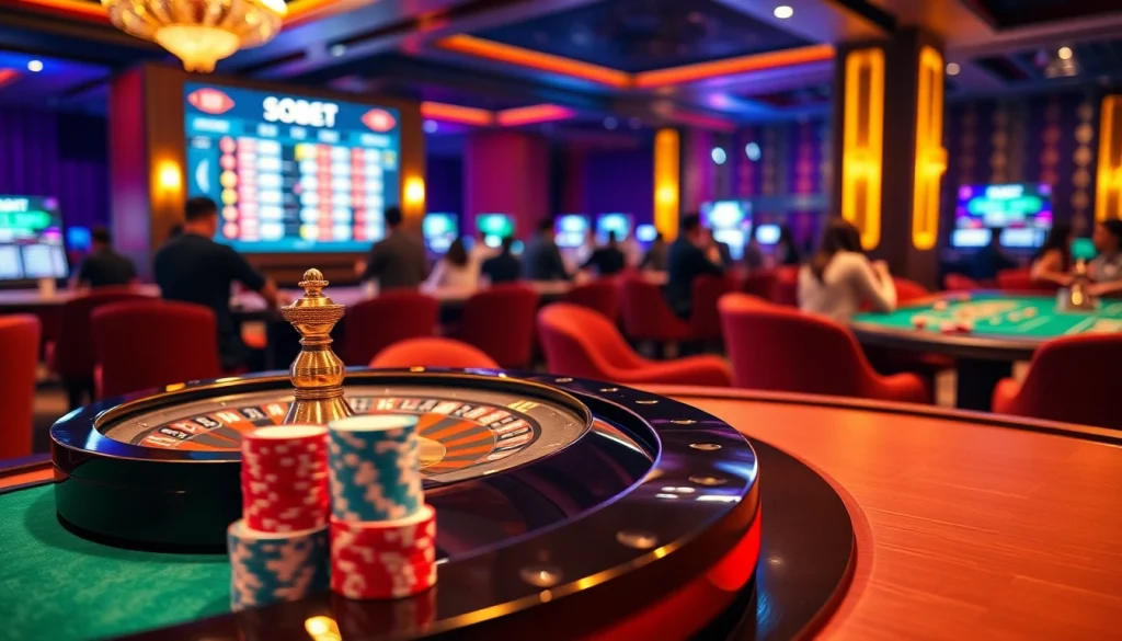 Engaging online gambling scene with sbobet login indonesia interface, showcasing poker chips and roulette.