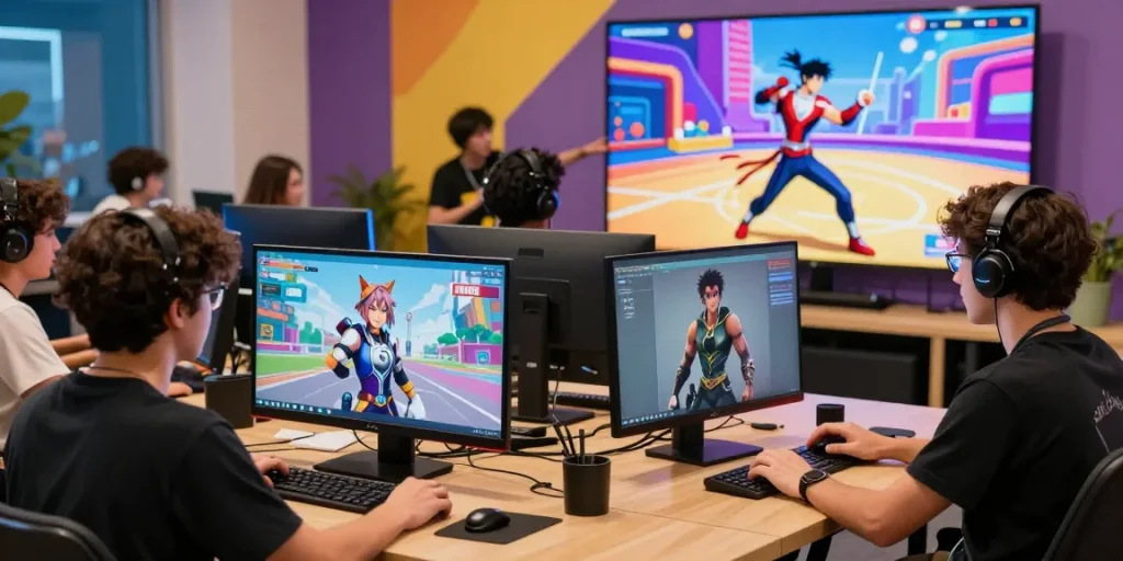 Engaging scene of players creating their Status AI avatars and interacting with virtual characters from different fandoms.
