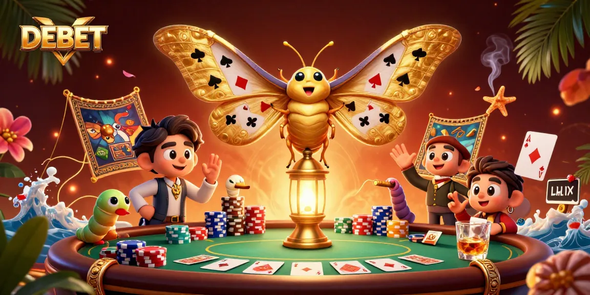 Experience DEBET's vibrant casino scene with a stunning atlas moth and poker elements.