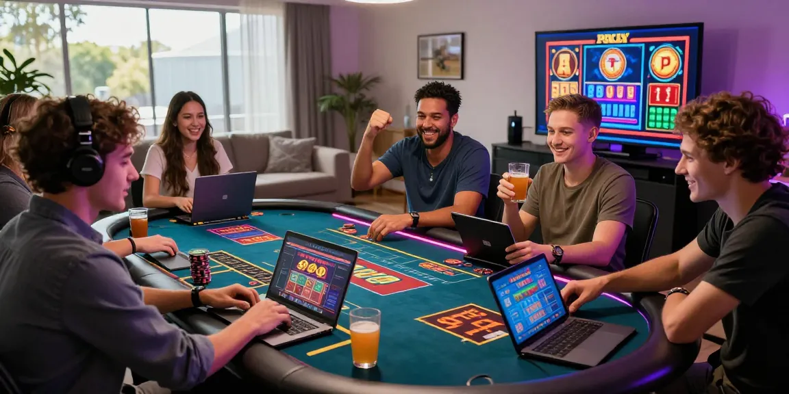 Excited players enjoying online casinos Australia in a vibrant, modern setting with colorful lights and engaging games.